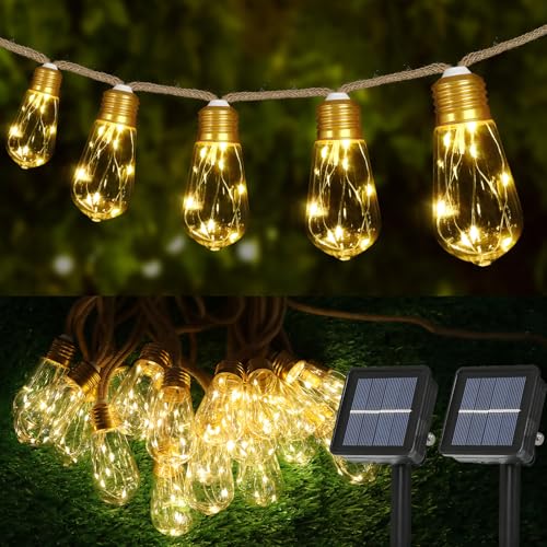 Solar Outdoor String Lights 2PCS 24FT Vintage Rope Hemp Solar Lights with 20 Shatterproof Bulbs,8 Modes Solar Powered Lights with Memory Function,Waterproof for Fence,Yard,Camping(Warm White) - color: Warm White, size: 48ft