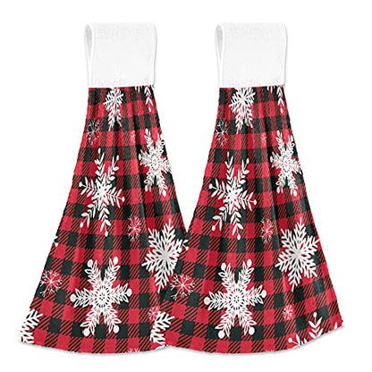 Vnurnrn Hand Towels for Kitchen 2 Pcs Hanging Kitchen Towels Set，Soft Absorbent Tea Bar Dish Cloths Bath Towel for Bathroom Laundry Room (Christmas Red Black Buffalo Check Snowflake) - color: Christmas Red Black Buffalo Check Snowflake