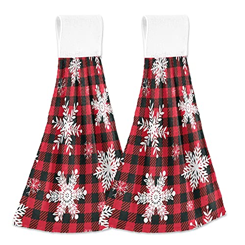 Vnurnrn Hand Towels for Kitchen 2 Pcs Hanging Kitchen Towels Set，Soft Absorbent Tea Bar Dish Cloths Bath Towel for Bathroom Laundry Room (Christmas Red Black Buffalo Check Snowflake) - color: Christmas Red Black Buffalo Check Snowflake