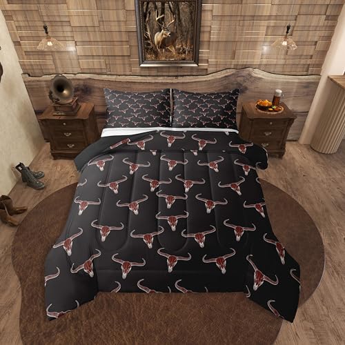 Erosebridal Bull Skull Comforter Set Full Ethnic Bohemian Bedding for Men Boys | Tribal Steer Skull Wildlife Aztec Bedroom Decor Farmhouse Cabin Lodge Duvet Insert with 2 Pillow Cases,Black Red - color: Black Red, size: Full