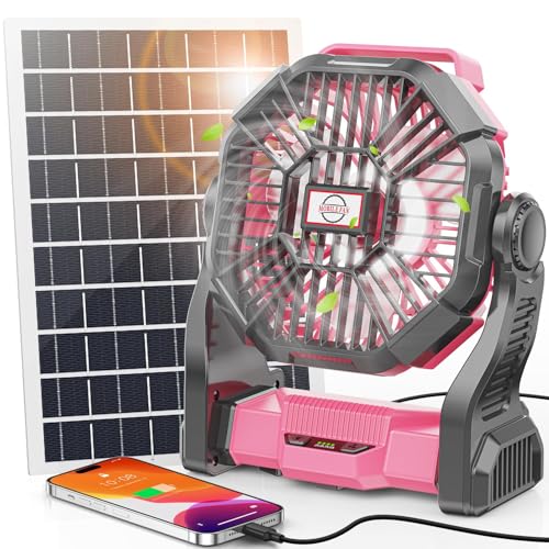 30000mAh Solar Fan with LED Lantern, 10W Solar Panel Rechargeable Battery Powered Camping Fan for Outside, 9 Inch Portable Battery Operated Hurricane Supplies for Picnic, Barbecue, Fishing, Travel - color: Pink, size: 30000mAh