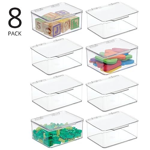 mDesign Plastic Playroom and Gaming Storage Organizer Box Containers with Hinged Lid for Shelves or Cubbies, Holds Small Toys, Building Blocks, Puzzles, Markers, Controllers, or Crayons, 8 Pack, Clear