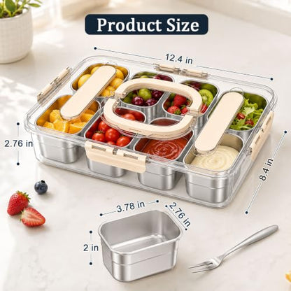 Snackle Box Container, 304 Stainless Steel Snack Box, Snacklebox for Fruit, Snackle Box with Individual Lids and 2 forks, 8 Compartment Stainless Steel Snack Containers for Party, Beach, Travel - color: Silver Gray