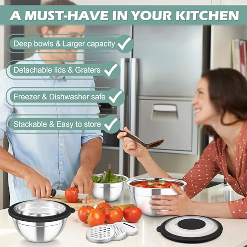 TeamFar Mixing Bowls, 3PCS Stainless Steel Serving Salad Bowls with Lids & 3 Graters, For Kitchen Mixing/Baking/Storing/Prepping, Visible & Airtight, Easy Clean - 4.5/3 / 1.5 QT, Black - color: Black, style: Transparent Airtight Lids