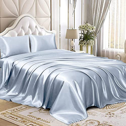 Homiest 3pcs Satin Sheets Set Luxury Silky Satin Bedding Set with Deep Pocket, 1 Fitted Sheet + 1 Flat Sheet + 1 Pillowcase (Twin XL Size, Baby Blue) - color: Baby Blue, size: Deep pocket - Twin XL size
