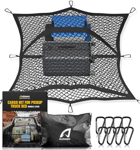 AUTOWN Cargo Net for Pickup Truck Bed - Stretchable 4'x4' to 7'x7', High Elastic Fine Mesh 1''x1'' with 8 Metal Carabiners - Ideal for ATV, SUV, UTV, Truck and Boat Use (Double Layer) - size: Double layer