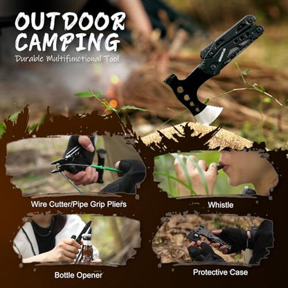 16 in 1 Multitool Survival Gear for Camping & Hiking, Multi Tool with Axe, Hammer, Pliers, Saw, Screwdrivers & Whistle, Camping Accessories and Gifts for Men Dad Husband - color: Black