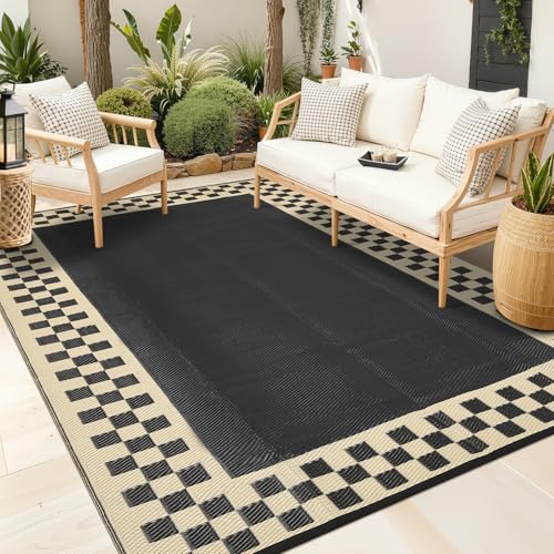 Garvee 8x10 Outdoor Waterproof Rug Reversible Modern Geometric Neutral Outdoor Patio Rug, Weather Resistant Plastic Straw Rugs Portable Camping Carpet for Garden Backyard Balcony, Black & Beige - color: Black & Beige, size: 8' x 10' (Rectangular)