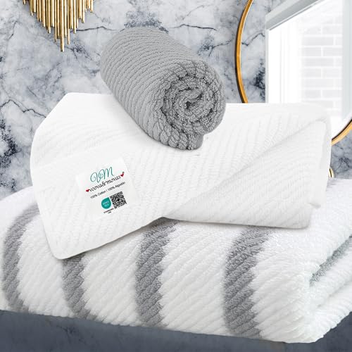 VOOVA & MOVAS Towel Set for Bathroom - 100% Cotton, Quick Dry, Thick, 3 Piece Towel Set, 1 Stripe Large Bath 30"x54",1 White Hand 18"x28",1 Grey Washcloth 13"x13",Dorm Room Essentials - color: Grey+white Stripe, size: 3 PC Bathroom Towel Set