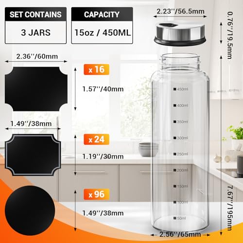 Segarty Spice Jar with Labels, 3 Pack 15oz Glass Spice Shakers with Adjustable Pour Lids, Clear Large Spices Bottles for Herb Salt Pepper, Condiment Containers with 136 Labels, 1 Marker Pen and Brush - size: 15oz / 450ml