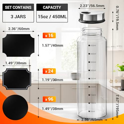 Segarty Spice Jar with Labels, 3 Pack 15oz Glass Spice Shakers with Adjustable Pour Lids, Clear Large Spices Bottles for Herb Salt Pepper, Condiment Containers with 136 Labels, 1 Marker Pen and Brush - size: 15oz / 450ml