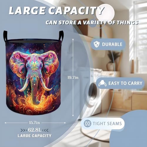 Vibrant Cosmic Elephant with Flames Laundry Basket with Handles, 19.7"x15.7" Clothes Foldable Laundry Hamper Organizer for Dorm Nursery Bedroom Bathroom Decor, Toy Storage Bin for Kids - style: Elephant30