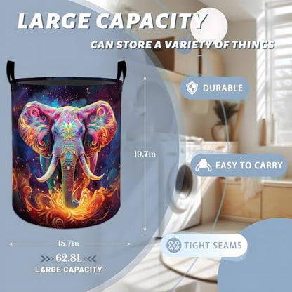 Vibrant Cosmic Elephant with Flames Laundry Basket with Handles, 19.7"x15.7" Clothes Foldable Laundry Hamper Organizer for Dorm Nursery Bedroom Bathroom Decor, Toy Storage Bin for Kids - style: Elephant30