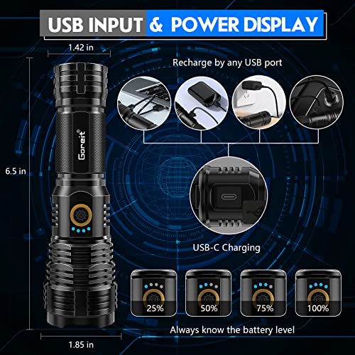 Flashlights LED High Lumens Rechargeable, Goreit 20,000 Lumens XHP70.2 Super Bright Flashlight, Flash Light Battery Powered, Powerful Handheld Flashlight with holster for Emergency Camping Hiking Gift