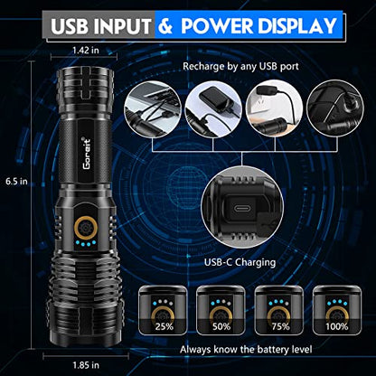 Flashlights LED High Lumens Rechargeable, Goreit 20,000 Lumens XHP70.2 Super Bright Flashlight, Flash Light Battery Powered, Powerful Handheld Flashlight with holster for Emergency Camping Hiking Gift