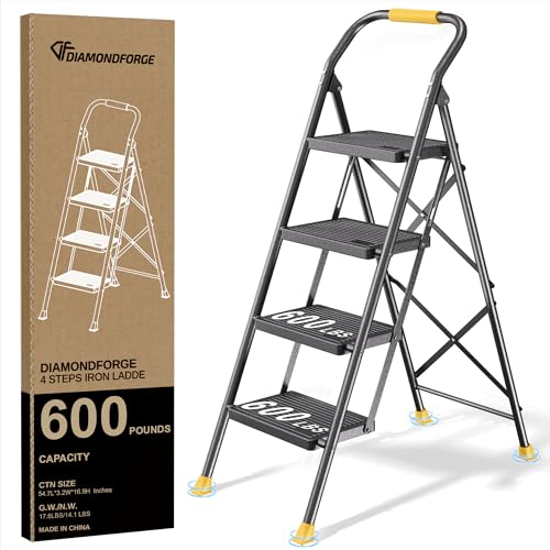 DIAMONDFORGE 4 Step Ladder Foldable Folding Stool - for Home Adults Kitchen, Iron, Black & Yellow, Extension Tall Heavy Duty with Handrails, Closet Stepstool Extendable Stepladder for Indoors, 600 lbs - color: Black and Yellow, size: 4 Step without Tool P