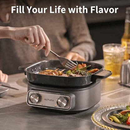 N74SNA Hot Pot Electric, Multi-Cooker 2.5 Quart Grill Steamer Set, PFOA-Free Nonstick for Steak, Soup, Fried Rice, Oatmeal, Egg, Ramen with Power Adjustment - size: Dual-Handle Pot