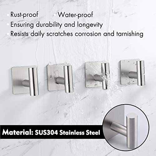 Adhesive Towel Hook 4 Pack, Bathroom Wall Hooks, Sticky Coat Hooks for Hanging, Closet, Robe Hook SUS304 Stainless Steel Brushed, BTH7204-2-P4