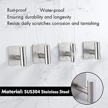 Adhesive Towel Hook 4 Pack, Bathroom Wall Hooks, Sticky Coat Hooks for Hanging, Closet, Robe Hook SUS304 Stainless Steel Brushed, BTH7204-2-P4