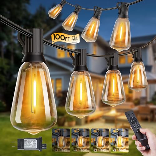 Minetom 100FT Outdoor-String-Lights with Remote, Shatterproof ST38 LED Bulbs, Waterproof Patio Lights with 3 Modes, Dimmable & Connectable 2700K Hanging Lights for Backyard Porch Deck Balcony - size: 100FT 31LED