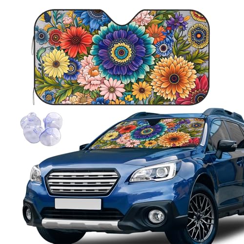 Abstract Flowers Windshield Sun Shade Car Front Window Shades for Car Accessories Sun Heat UV Rays Visor for Universal Cars SUV Truck 51 x 27.5 Inch - color: Abstract Flowers