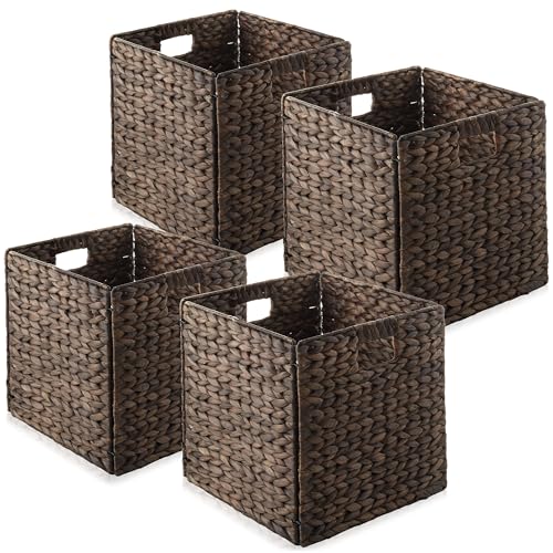 Casafield 12" x 12" Water Hyacinth Storage Baskets, Espresso - Set of 4 Collapsible Cube Organizers, Woven Bins for Bathroom, Bedroom, Laundry, Pantry, Shelves - color: Espresso, size: 4-Pack