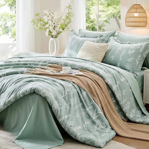 MUXHOMO Full Comforter Set, Sage Green Elegant Floral Print Bed in a Bag 7 Pieces, Ultra Soft & Breathable Reversible Botanical Pattern Bedding Set with Comforter, Sheets, Pillowcases, and Shams - color: 01 - Sage Green Leaves, size: Full(82"x86")