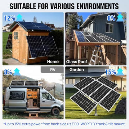 ECO-WORTHY 200 Watt Bifacial Solar Panel 2pcs 100 Watt Monocrystalline Solar Panel Module Off Grid PV Power for Home, Camping, Boat, Shed Farm, RV,12V/24V Battery - style: 100W Bifacial 2-Pack Solar Panel