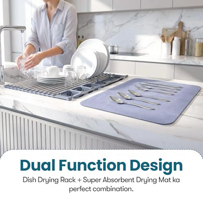 Havenity™ Expandable Roll Up Dish Drying Rack with Drying Mat - Adjustable Up to 22.75" with 2 Free Attachments & 2 Removable Baskets, 304 Stainless Steel Over The Sink Dish Drying Rack Cover Kitchen - size: Dish Drying Rack Combo