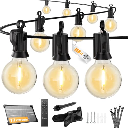 Brightown 158FT 77LED Solar String Lights Outdoor with Remote & USB Port, Shatterproof Bulbs, Dimmable & Timable, 3 Modes, Patio Lights with Mount Clips for Backyard Garden Decor - Last for 38+Hrs - size: 158FT