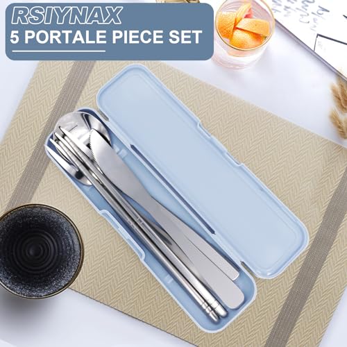 5 Piece Rsiynax Portable Travel Utensils Set with Case, Premium 304 Stainless Steel Camping Utensils Set, Reusable Silverware for Camping, Lunch, Work, School, etc, Easy to Clean (Silver)