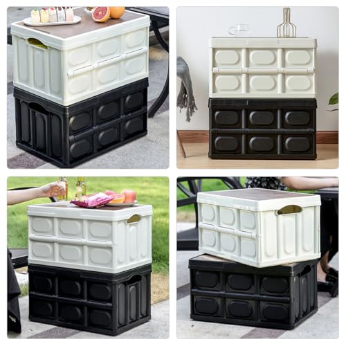 BESPORTBLE Foldable Storage Box with Wooden Lid, Small 38.5x27x21cm Plastic Clothes and Sundries Organizer for Outdoor Camping and Car Trunk