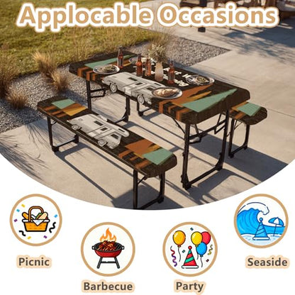 Picnic Table Cover with Bench Covers Elastic Edges, Outdoor Patio Camping Essentials 72 Inch 3PCS, Waterproof Camping Fitted Tablecloth with Handbags (Life is Best When You're Camping) - color: Wooden Camping Trailer, size: 72" x 30" (Rectangular)