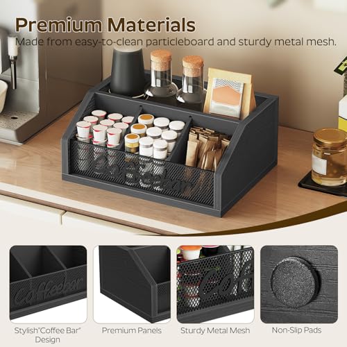 YATINEY Coffee Bar Organizer, Wooden Coffee Pod Organizer for Countertop, Versatile Pod Holder with Dividers, Holds Syrup, Cups, Tea Bags, Easy Assembly, Black KH11BB - color: Black