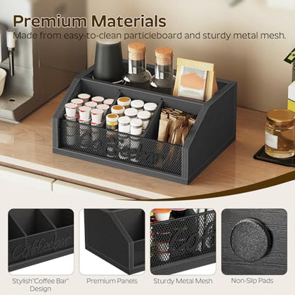 YATINEY Coffee Bar Organizer, Wooden Coffee Pod Organizer for Countertop, Versatile Pod Holder with Dividers, Holds Syrup, Cups, Tea Bags, Easy Assembly, Black KH11BB - color: Black