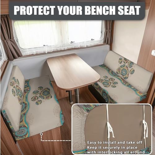 Boho Mandala Dog Paw Print 3 Pcs RV Dinette Cushion Covers Stretch Camper Cushion Slipcover Sofa Furniture Protector Include 1 Backrest Cover 1 Bench Cover and 1 Pillowcase - color: Boho Mandala Dog Paw