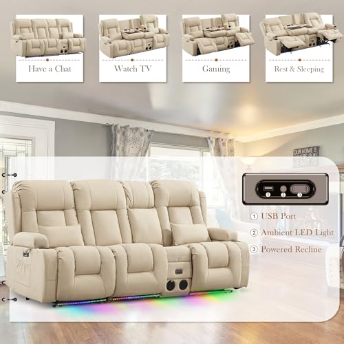 TUNYI Power Loveseat Recliner Sofa with Massage & Heat Home Theater Seating with Console RV Recliner Loveseat Sofa with USB/Storage/Side Pocket/LED Light/Speaker (Beige, 3 Seat with Console) - color: Beige, size: 3 Seat with console
