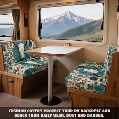 Cow Skull Peony Print 2 Pack RV Dinette Cushion Covers Stretch Camper Cushion Slipcover Pet-Friendly RV Couch Cover Fuzzy Sofa Slipover for Travel Trailer Couch - color: Cow Skull Peony
