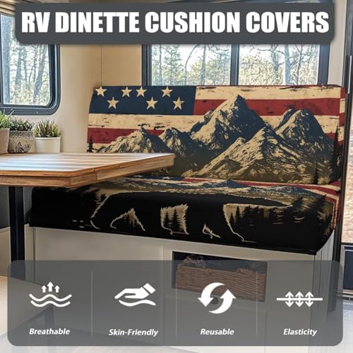 RV Dinette Cushion Covers - Stretch RV Bench Seat Protector with American Flag Mountain Bear, Anti-Slip Sofa Slipcover for Camper, Dogs & Travel Trailers (1 Backrest + 1 Seat) - color: American Flag Mountain Bear