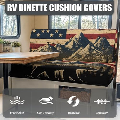 RV Dinette Cushion Covers - Stretch RV Bench Seat Protector with American Flag Mountain Bear, Anti-Slip Sofa Slipcover for Camper, Dogs & Travel Trailers (1 Backrest + 1 Seat) - color: American Flag Mountain Bear