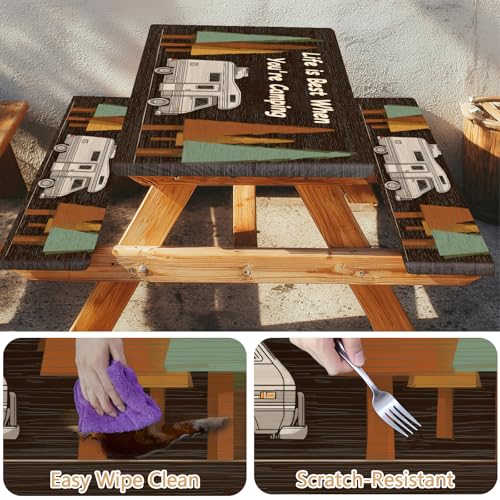 Picnic Table Cover with Bench Covers Elastic Edges, Outdoor Patio Camping Essentials 72 Inch 3PCS, Waterproof Camping Fitted Tablecloth with Handbags (Life is Best When You're Camping) - color: Wooden Camping Trailer, size: 72" x 30" (Rectangular)