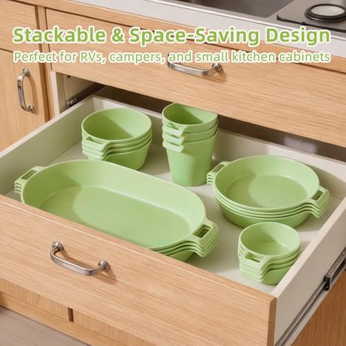 Dinnerware Set for 4, 21-Piece Unbreakable Plates and Bowls Set with Mesh Bag, Cups, Sauce Dishes and Serving Platters, Lightweight Outdoor Dish Set for Picnic, RV, Patio, BBQ, Sage Green - color: Sage Green