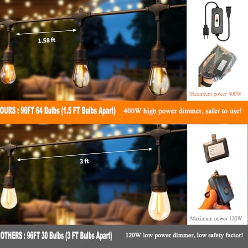 100FT LED Outdoor String Lights with 60+4 Waterproof Bulbs(1.5FT Bulbs Spacing), Remote & Dimmer, Commercial Grade Patio Lights with 3 Mode Light & Timing, 100PC Ties - style: 100FT With 64 Bulbs