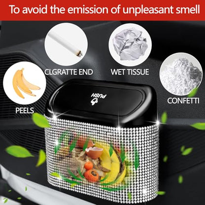 NBTEPEM Bling Car Trash Can with Lid - 2 Pack, Mini Auto Garbage Can with 60 Trash Bags, Automotive Garbage Container Bin, Bling Car Accessories Trash Can for Women (Silver Diamond) - color: Silver Diamond