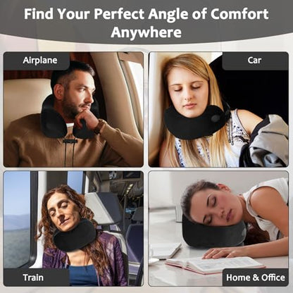 Travel Pillow, Memory Foam Travel Neck Pillow for Airplane, Ergonomic Neck Support with Washable & Breathable Cover, Includes Eye Mask, Earplugs & Compact Bag for Long Flights (Black)