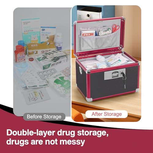 LOCKCURX Secure Medicine Lock Box with Key, Childproof Metal Medication Storage Organizer for Home & Travel, Layered Aluminum First Aid Box, Portable & Durable – 15" x 8.7" x 9.4" Black & Red