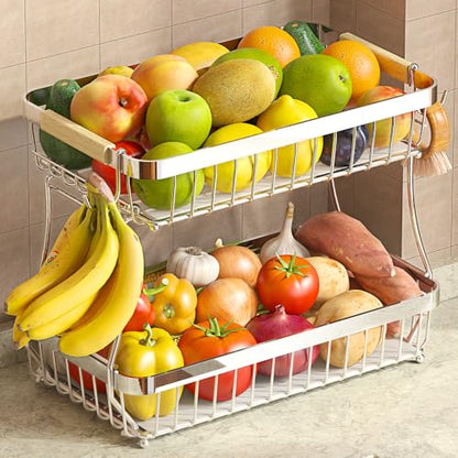 Sevenblue 2 Tier Large Fruit Basket for Kitchen Counter with 2 Mobile Banana Hangers, 2026 Pro Detachable Metal Fruit Bowl with Wooden Handle (Silver, 2 Tier) - color: Silver, size: 2 Tier Standard