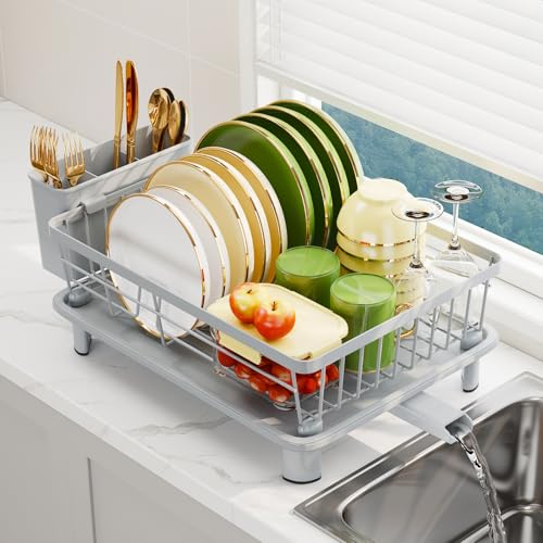 Dish Drainer Rack with Drip Tray, Sink Dish Drainer with Drainage Spout, Stainless Steel Dish Drying Rack with Cups, Utensil & Cutting Board Holders for Kitchen Counter Space-Saving, Grey - color: Gray