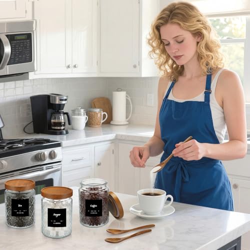 3 Pack 24 oz Glass Coffee Container with Wooden Tray Lid Spoon Labels Clear Airtight Glass Jar Food Storage Kitchen Canisters Set Decorative Coffee Bar Containers for Sugar Candy Tea Flour - size: 24 oz