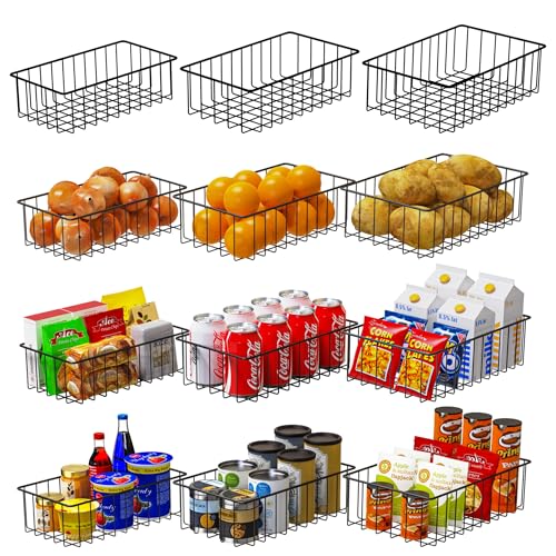 Joben Oligey 12 PACK (3 Szie) Small Wire Storage Baskets for Organizing,Pantry Organization Bins for Cabinets, Metal Basket for Kitchen, Bathroom Organizer (Black) - color: Black